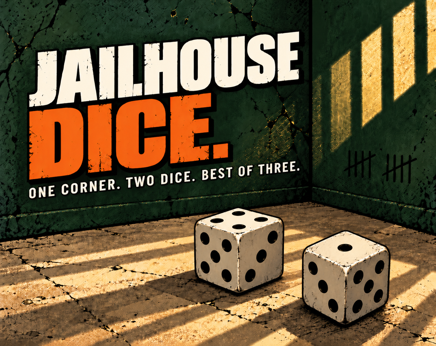 Jailhouse Dice title artwork in a prison cell with two dice