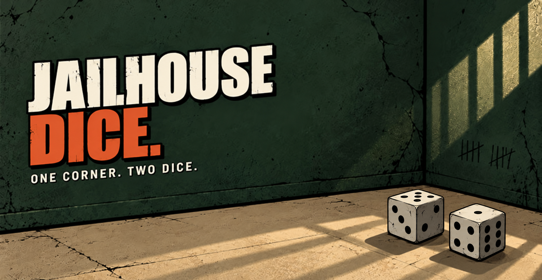Wide Jailhouse Dice artwork with the game logo and two dice in a prison cell